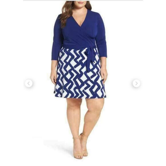 Leota Dresses & Skirts - NWT Leota Women's Blue Zig Zag Navy Crepe A-Line Stretchy Dress sz XXL Casual